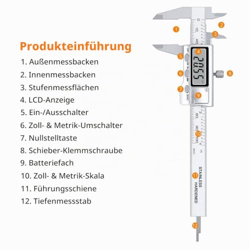 Neoteck Digital Vernier Caliper 100 mm Stainless Steel with LCD, Inch/Metric Conversion, Calliper Measuring Tool for Length, Width, Depth, Inner Diameter, Outer Diameter 4 inch