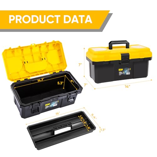 16 Inch Tool Box with Lock, 2-Layer Heavy-Duty Organizer with Removable Tray, Liftable Lid for Small Parts, 25lb Capacity & Carry Handle for Tools, Camping, Medical Supply Storage 16”