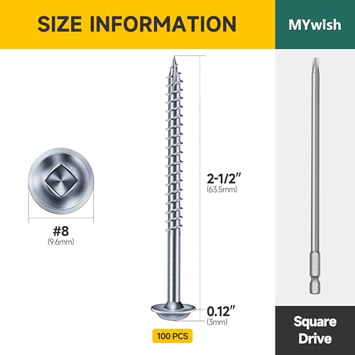 Mywish (10Sets) 3/8" x 3" Hex Head Lag Bolts & 100Pcs Pocket Hole Screws 2-1/2 Inch, Wood Screws #8 x 2-1/2" Washer Head Square Drive Self Tapping Pocket Screws, Heavy Duty Lag Screws with Washers