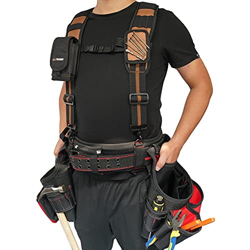 MELOTOUGH Magnetic Suspenders Tool Belt Suspenders with Large Moveable Phone Holder, Pencil Holder, Padded Tool Belt with D ring for men construction Strong Durable Double Metal Roller Buckle