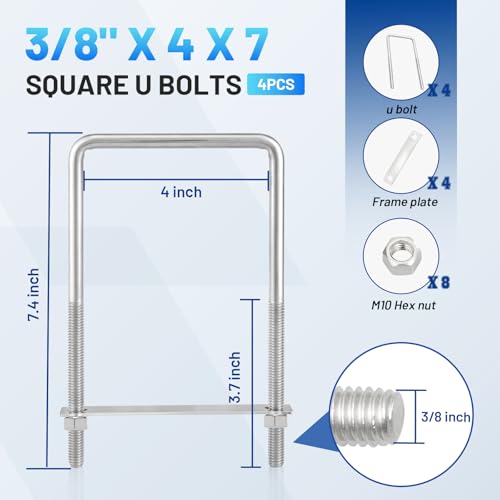 Anina 4PCS Square U Bolts with Frame Plates and Nuts Stainless Steel U Clamp Bolts for Wood, Sailboat Trailers, Tube, Industrial Supplies 3/8'' x 4'' x 7'' Thread (Pack of 2) 3/8 inches (Pack of 2)