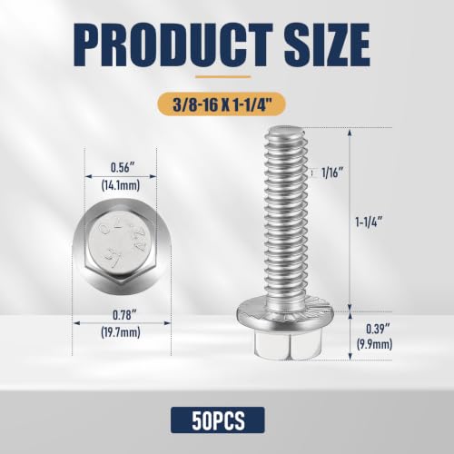 Zonon 50 Pcs 3/8-16 x 1-1/4 Inch Stainless Steel Flanged Bolts, Silvery 3/8-16 x 1-1/4''