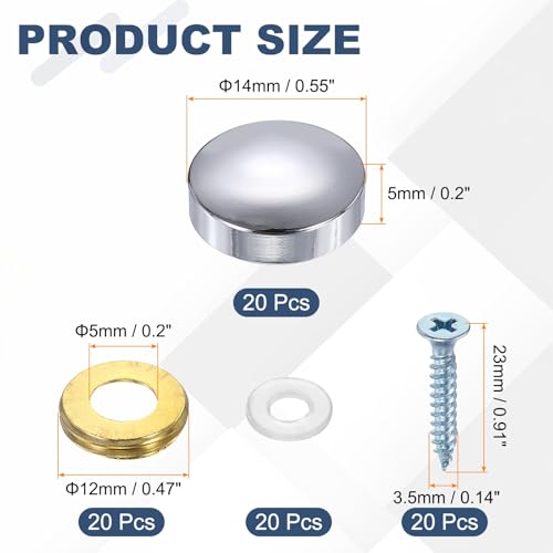 uxcell 20Pcs Screw Covers Caps, Brass Dome Mirror Screws Decorative Caps Cover Nail Fasteners for Sign Advertising Hardware Construction, 14mm Diameter, Polished Silver 20