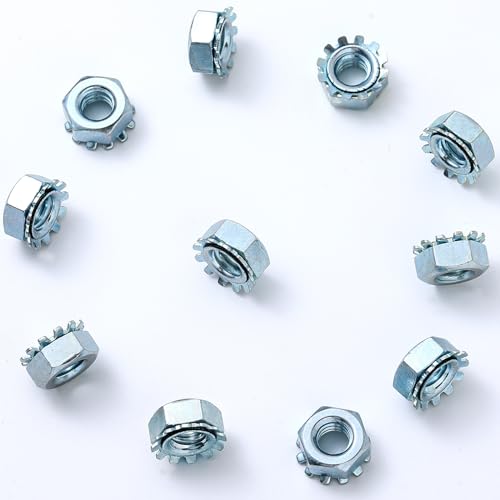 Tandefio 100 Pcs Lock Nut, 1/4"-20 Lock Nuts Zinc Plated Steel Nuts with External Tooth Washer Silver Hardware for Low Load Assemblies (Pack of 3) Small (Pack of 3)