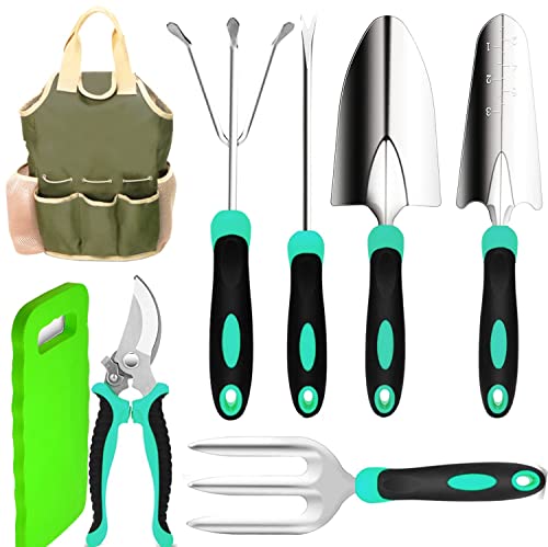 Gardening Tools - Garden Tools Stainless Steel Gardening Gifts for Women Shovel Trowel Fork Rake Gardening Gloves Perfect Gardening Gifts dark green with kneeler