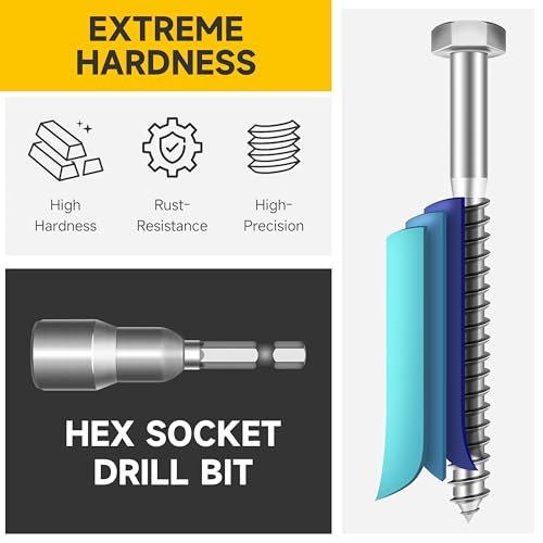 Mywish 1/4 Hex Head Lag Screws Assortment Kit & Concrete Screws with Drill Bits 200Pcs Concrete Screws Assortment Kit 1/4 3/16, Flat Pillips & Hex Head Masonry Screws