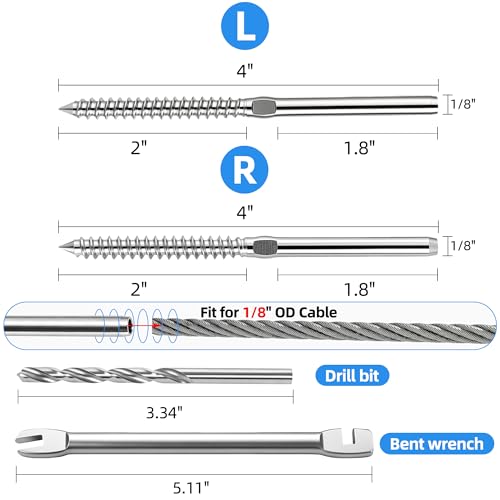 80 Pack Swage Lag Screws for 1/8" Cable Railing,T316 Stainless Steel Left & Right Handed Thread, Wood Posts DIY Baluster Hardware Kit, Wrench Included (40pairs, Sliver) 80