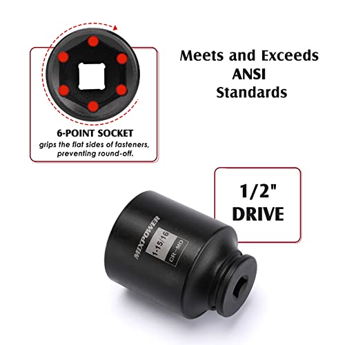 MIXPOWER 1/2-Inch Drive Deep Impact Socket Set, Inch, Cr-Mo, 6 Point, 1-13/16",1-7/8", 1-15/16", 2", 4-Pieces 1/2" Dr. Spindle Axle Nut Impact Socket Set, Impact Grade