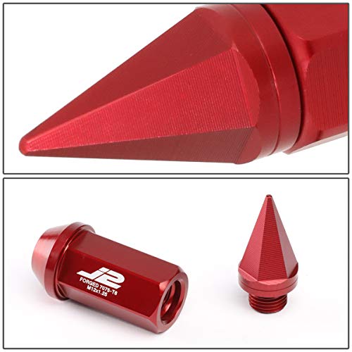 J2 Engineering 7075-T6 Aluminum M12 x 1.25 20Pcs 75mm Tall Spiky Cap Lug Nut w/Adapter Red