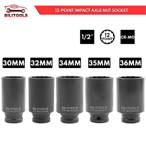 BILITOOLS 1/2 inch Drive Impact Lug Nut Socket Set& 1/2" Drive Deep Axle Nut Spindle Impact Socket Set | 12 Point | CR-MO | 14-17 - 19-30 - 32-34 - 35-36 mm