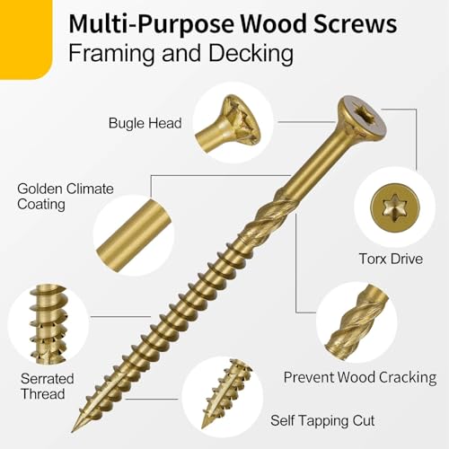 340Pcs Multi-Purpose Wood Deck Screw Kit,#8#9 Bugle Head for Interior and Exterior Use,Star Drive Torx Golden Coated with T15/T25 Bit #8#9 Kit Gold 340