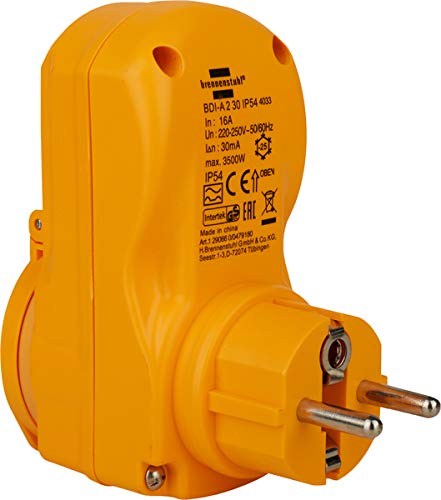 Brennenstuhl personal protection adapter BDI-A 2 30 IP54 / personal protection plug for outside (two-pin switch-off, yellow, 30mA)