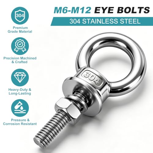 304 Stainless Steel Eye Bolt, M12x77mm (1/2"x3") Heavy Duty Eye Bolts with Nuts Washers, 8 Pack Lifting Ring Eye Bolt for Hanging String Lights Outdoor Tie Down M12x77mm(1/2"x3")