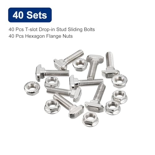 uxcell M8x30mm T Slot Drop-in Bolt and M8 Hexagon Flange Nut Set, 40 Sets Hammer Head T-Bolt T Shape Stud Sliding Screw for 45 Series Aluminum Profile