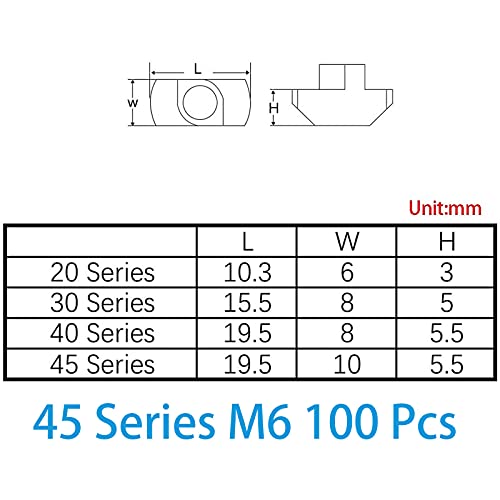 100 Pcs 4545 Series M6 T Nuts, T Slot Nut Hammer Head Fastener Nut, Nickel Plated Carbon Steel Nut for Aluminum Profile (4545 Series M6) 4545 Series M6(100 Pcs)
