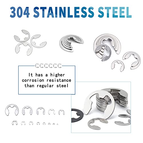 NINDEJIN E-Clip Retaining Rings, 13 Sizes External Snap Ring Clip Kit for Projects–Car Engines, Locking Mechanisms, Gears Pulleys Axles Shafts (290pcs 304 Stainless Steel+395pcs Carbon Steel)