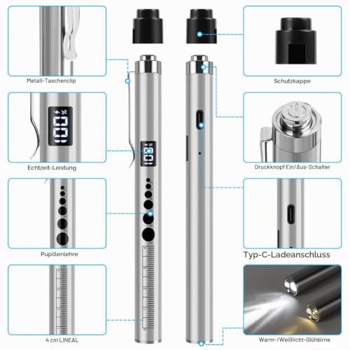 Flintronic Upil Light Medicine, 1 Piece Diagnostic Light with Digital Display, Pupil Meter and Ruler, Rechargeable USB LED Pen Lamp for Nurses, Students, Doctors (Silver) Type-c-silver-1 Piece
