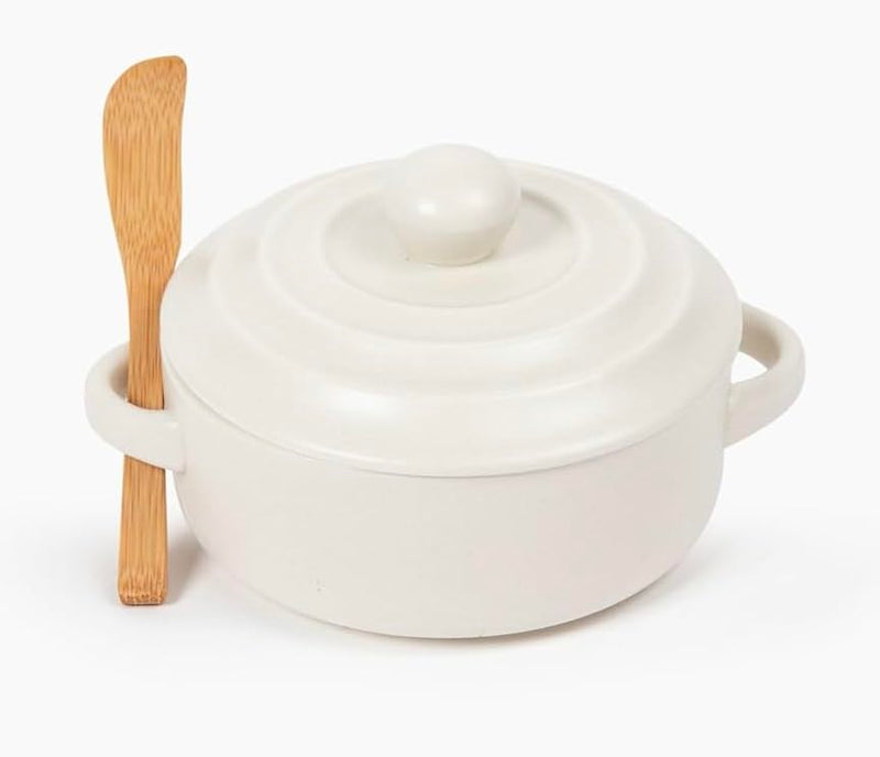 Brie Baker with Lid and Spreader - White Ceramic Baking Dish for Cheese, Baked Brie, Fondue, Dip - Oven Safe Baker Crock - 5” - Fits Standard Camembert Wheel - Gift Charcuterie Accessories Ivory