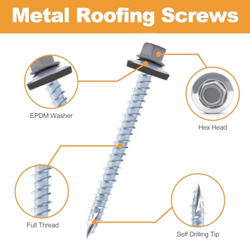 VIGRUE 300PCS Metal Roofing Screws #10x1#10x1-1/2#10x2, Galvanized Hex Head Sheet Metal Roof Screw, Self Starting Metal to Wood Siding Screws EPDM Washer