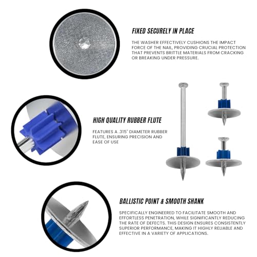 BLUEPOINT Powder Actuated Fasteners 1 to 3” .300 Head, .145 Dia. Shank Contractor Pin w/ 1" Washer & Rubber Flute –High-Precision Fastening Solution 100pcs (3") 3"