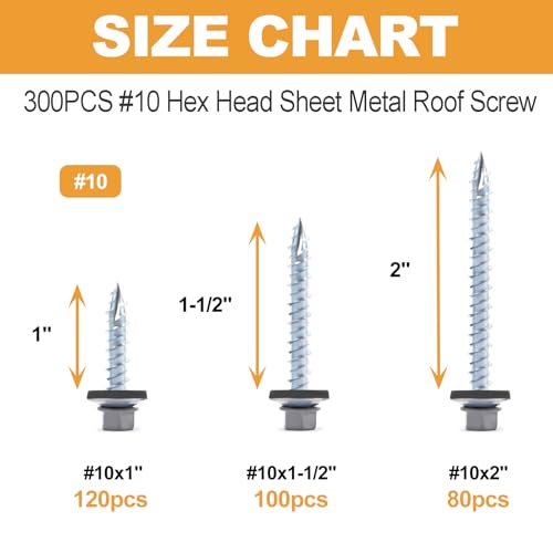 VIGRUE 300PCS Metal Roofing Screws #10x1#10x1-1/2#10x2, Galvanized Hex Head Sheet Metal Roof Screw, Self Starting Metal to Wood Siding Screws EPDM Washer