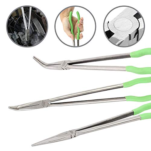 OEMTOOLS 22660 Long Needle Nose Pliers Set 16", Long Nose Pliers Set Kit, Straight, 45°, and 90°, Rust Resistant, Automotive, Construction, and Jewelry Making Tools steel