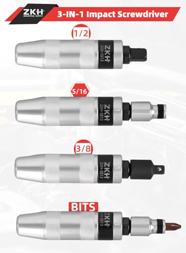ZKH 3/8" Hand Impact Screwdriver, 1/2" Manual Reversible Impact Driver Includes 10-Piece S2 Steel Slotted, Phillips, Screw Extractor Bit Set for Removing Damaged, Frozen, Rusted Screws and Fasteners 3/8 & 1/2 Inch Driver