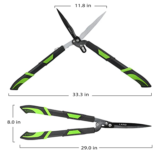LAND Heavy Duty Telescopic Hedge Shears with Wavy Blade and Extendable to 29"-38" Steel Handles. Extendable Manual Hedge Clippers for Trimming Borders, Boxwood, and Tall Bushes.