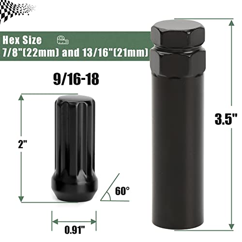 9/16-18 Black Spline Lug Nuts, 32pcs 9/16 x18 Aftermarket Wheel 2 inch Closed End Lug Nuts with 2 Socket Keys for 2005-2011 Dakota, 2002-2010 1500, 1994-2011 2500, 1994-2011 3500