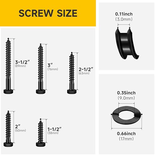 Mywish (15Sets) 3/8" x 1" Hex Head Lag Bolts & 46Pcs 3/8" Hex Head Lag Screws Assortment Kit, Heavy Duty Lag Bolts with Washers, 304 Stainless Steel Bolts 18-8, 5-Size Wood Screws for Outdoor, Black