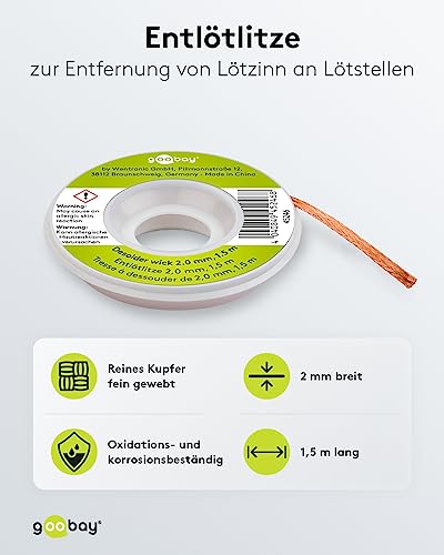 goobay Desoldering Braid 2 mm, 1.5 m Long Desoldering Wire Made of Pure Copper, Suction Band for Clean Removal of Solder on Circuit Boards - 45246 2mm