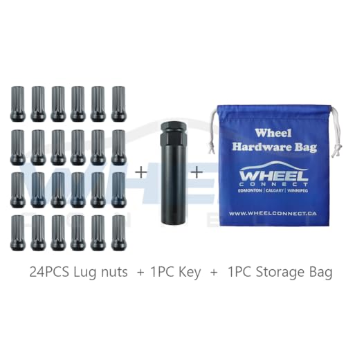 WHEEL CONNECT Spline Lug Nuts,14x1.5, Acorn for Conical Seat. Set of 24 with 1 Key and 1 Storage Bag, for Aftermarket Custom Tuner Wheel, Steel, Black Finish.M14 X 1.5 M14 X 1.5