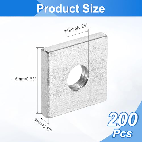 uxcell 200Pcs M6x16mmx3mm Square Nuts, Carbon Steel Zinc Plated Coarse Thread Square Nuts Fasteners for Home Repairs and Professional Engineering, Silver 200