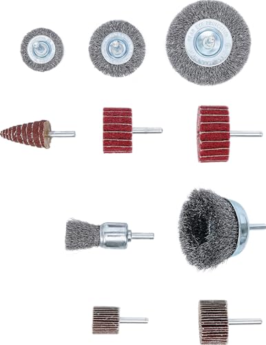 BGS 74499 Brush and Grinding Flap Wheel Set 10 Pieces | For bar grinders and drills, 6.3 mm (1/4 inch) holder, wire brushes, flap wheels, flap discs