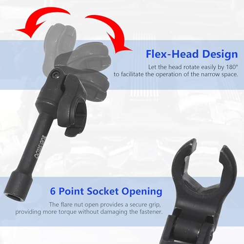 6PCS Long Flex Head Crows Foot Line Wrench Set with 3/8" Drive, Diesel Injector Fuel Line Sockets Wrench Set, Metric Crowfoot Wrenches for 12/14/16/17/18/19mm Nuts with 180° Flexible Head 6pcs