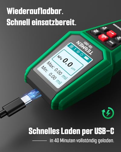TESMEN TCG-2001 Car Paint Film Thickness Gauge Digital Paint Gauge with Bar Chart 4-Way Color Display Backlight Alarm Fe/NFE Probe - Green