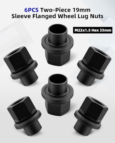 6PCS Two-Piece 19mm Sleeve Flanged Wheel Lug Nuts Fit for Steel Dual Wheels with Hub Piloted Seat & 26mm Bolt Hole Size, M22x1.5 Hex 33mm 6PCS