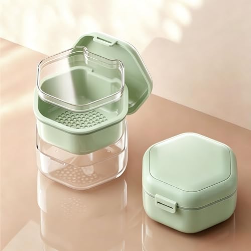 Braces Box with Strainer and Mirror, Portable Denture Box, Tooth Splint Box, Leak-Proof Dentures Container for Aligners, Retainers and Mouth Guards, BPA-Free (Light Green) light green