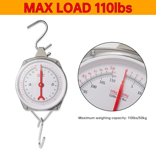 Mechanical Spring Scale 110lb/50kg, Large Display with 2 S-Hooks