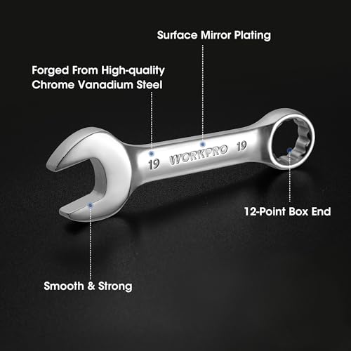 WORKPRO 12PCS Stubby Combination Wrench Set with Storage Box, Metric 8-19mm Combination Wrenches