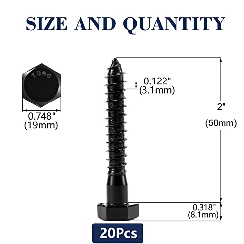 1/2" x 2" Hex Head Lag Screws Bolts 20Pcs 304 Stainless Steel 18-8, Partial Thread, Hexagon Head Wood Screws by Black Oxide by SG TZH 20 1/2" x 2"