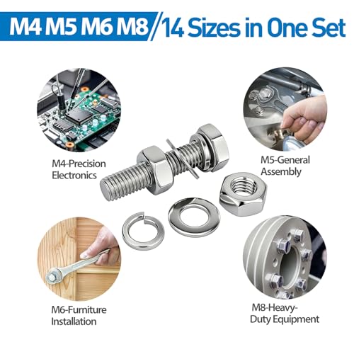 520pcs M4 M5 M6 M8 Hex Bolts and Nuts Assortment Kit, 4 Most Popular Sizes 304 Stainless Steel Assorted Metric Screws, Nuts and Flat & Lock Washers,Length 10-40mm with 4 Screw Driver bits