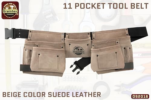 Graintex DS2016 11 Pocket Beige Color Suede Leather Tool Belt/Tool Bag/Work Apron, 2 Hammer Loops, Adjustable Belt | Construction, Carpenter, Roofing, Drywall, Electrician, Gardening, DIY One Size Fits All