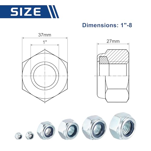 10Pcs 1"-8 Nylon Locking Hex Nuts CarbonSteel Blue and White Blue and Whtie 10