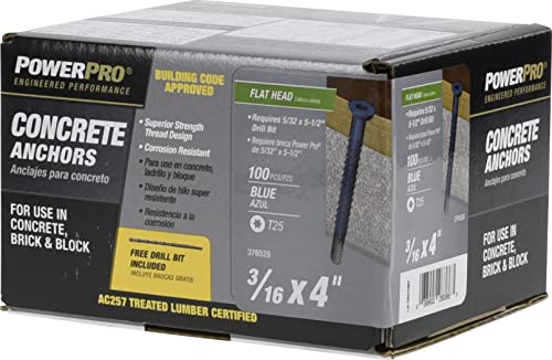 Power Pro 376528 Concrete Screw Anchors, 3/16" x 4", High-Performance, Code-Approved, Epoxy Coated, Coarse Thread, for Concrete and Masonry, Outdoor Rust Resistant, Blue, 100pcs 3/16" x 4" 100 Pieces