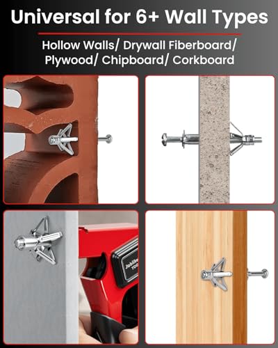 Molly Bolts for Drywall Plaster Walls (0.12"-1.28"), 36PCS in 5 Sizes, Heavy Duty Hollow Wall Anchors with Setting Tool, Holds Up to 55lbs for TV, Curtain Rods, Mirrors, Towel Racks (Red) Red