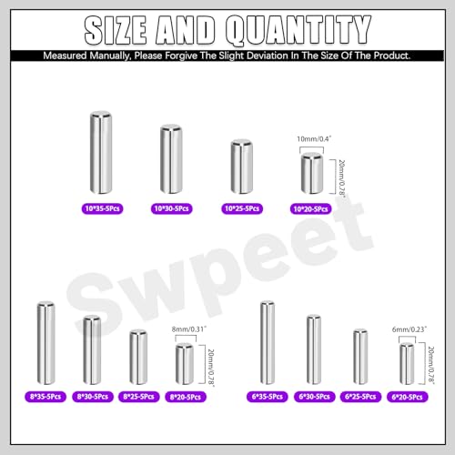 Swpeet 60Pcs M6 M8 M10 304 Stainless Steel Dowel Pin Assortment Kit, Cylindrical Shelf Support Peg Pin Rod Fasten Elements for Maintenance and Connection (with A Storage Box )