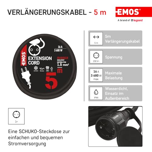 EMOS extension cable 5 m Schuko, rubber extension cable for outdoor use IP44, H07RN-F3G 1.5 mm2 5 metres Single