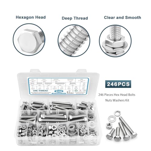 Stainless Steel Hex Head Nuts and Bolts Assortment Kit, 246PCS 1/4-20, 5/16-18, 3/8-16 Assorted Nuts Bolts and Flat & Spring Lock Washer with Box