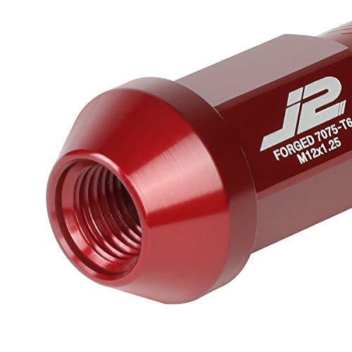 J2 Engineering 7075 Aluminum M12 x 1.25 20 Pcs 50mm Open End Lug Nut Set w/Adapter Red fit Vehicles with 4 or 5 Lug M12x1.25 Threads